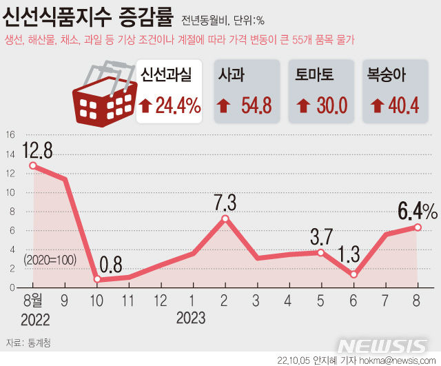 [서울=뉴시스] 폭염과 태풍 등으로 사과 등 9월 신선과실 물가가 24.4% 상승했다. 생선, 해산물, 채소, 과일 등 기상 조건이나 계절에 따라 가격 변동이 큰 55개 품목 물가를 반영하는 신선식품지수는 지난해 같은 달보다 6.4% 올랐다.  (그래픽=안지혜 기자)  hokma@newsis.com