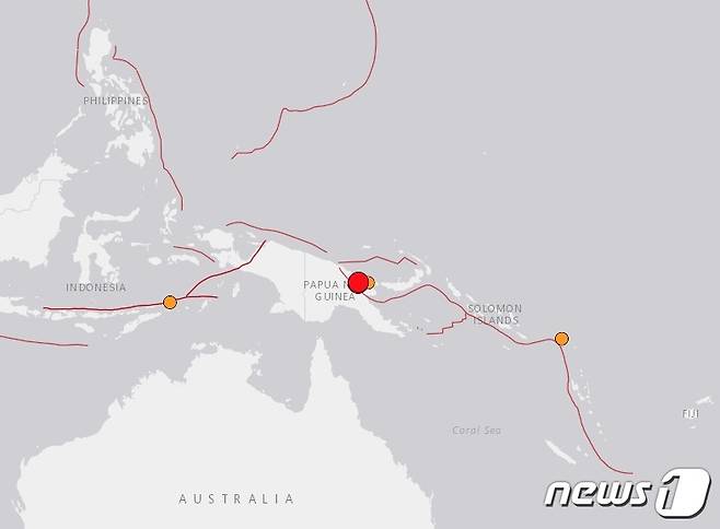 (서울=뉴스1) 김예슬 기자 = 파푸아뉴기니 동부에서 7일 오후 6시34분(한국시간 5시34분분)께 규모 6.7의 지진이 발생했다.(미 지질조사국 갈무리).