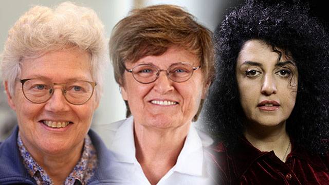 (좌) 2023년 물리학상 수상자 안 륄리에 교수 (중) 생리의학상 수상자 커털린 커리코 교수 (우) 평화상 수상자 나르게스 모하마디 인권운동가