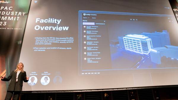 마티나 요하네손 유니티 시니어 테크니컬 프로덕트 매니저가 지난 5일&nbsp;서울 강남구 그랜드 인터컨티넨탈 서울 파르나스에서 개최된 '유니티 APAC 인더스트리 서밋 2023'에서 유니티의 대화형 AI(인공지능) 솔루션 '유니티 뮤즈 챗'을 활용해 유니티 사무실 경보 시스템을 디지털 트윈으로 구현했다. (사진=안신혜 기자)