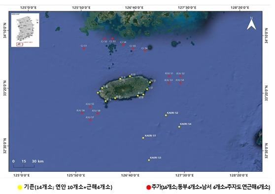 제주도 해양수산연구원은 이달부터 더욱 촘촘한 방사능 안전관리를 위해 제주 연근 해역 조사정점을 14개에서 28개로 확대한다. 사진은 확대된 제주 연근해 해양방사성 물질 조사 정점도. 제주도 해양수산연구원 제공