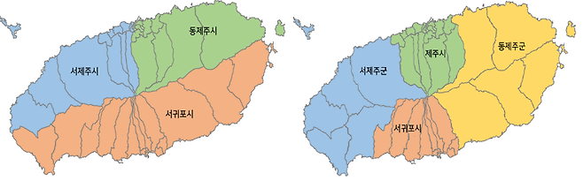 제주자치도 행개위가 제시한 제주형 행정체제 적합대안 2개 모델. 왼쪽이 1순위로 제시된 3개 분할안, 오른쪽이 2순위 4개 분할안.