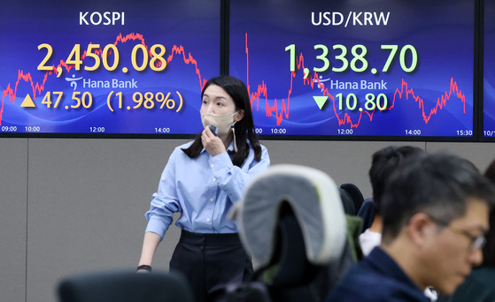 Screens in Hana Bank's trading room in central Seoul show the Kospi closing at 2,450.08 points on Wednesday, up 1.98 percent, or 47.50 points, from the previous trading session. [NEWS1]