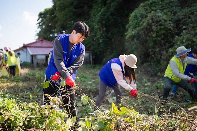 효성첨단소재 임직원이 11일 오후 세계자연유산인 서천 유부도 환경보전 활동을 진행하고 있다. 사진=효성첨단소재