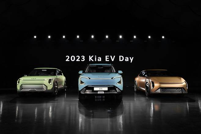 12일 열린 2023 기아 EV 데이에서 공개된 신규 EV 라인업. 왼쪽부터 EV3 콘셉트, EV5, EV4 콘셉트. (사진=기아)