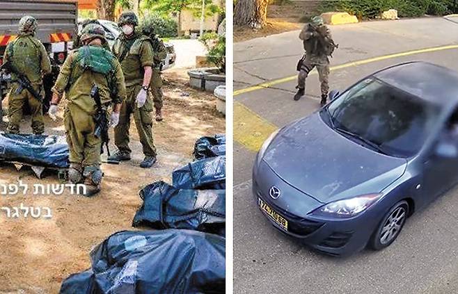 소셜미디어에 올라온 하마스의 만행 - 이스라엘 군인들이 하마스 테러리스트들에게 살해된 민간인의 시신을 수습하고 있다. 이 사진은 지난 10일 하마스 공식 텔레그램에 올라왔다(왼쪽 사진). 하마스 테러리스트들이 이스라엘 민간인이 타고 있는 차량에 총격을 가하는 모습(오른쪽 사진). /하마스 공식 텔레그램·X(옛 트위터)