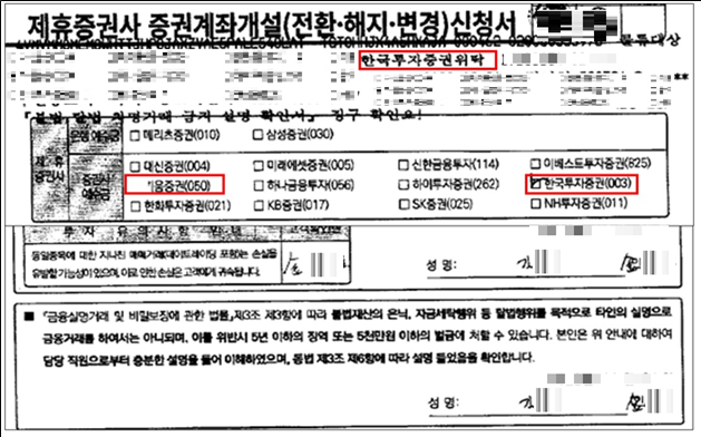 부당 계좌 개설 신청서. 신청서 사본에 기재되어 있는 “키움증권” 체크박스가 수정테이프로 지워지고 “한국투자증권” 체크박스가 수기 수정된 사례. 금융감독원 제공