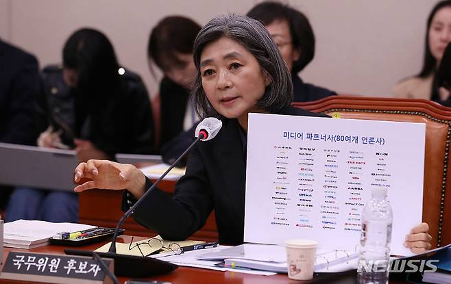 [서울=뉴시스] 이영환 기자 = 김행 여성가족부 장관 후보자가 5일 오전 서울 여의도 국회에서 열린 인사청문회에 참석해 코인 보유와 관련된 질문에 답하고 있다. 2023.10.05. 20hwan@newsis.com