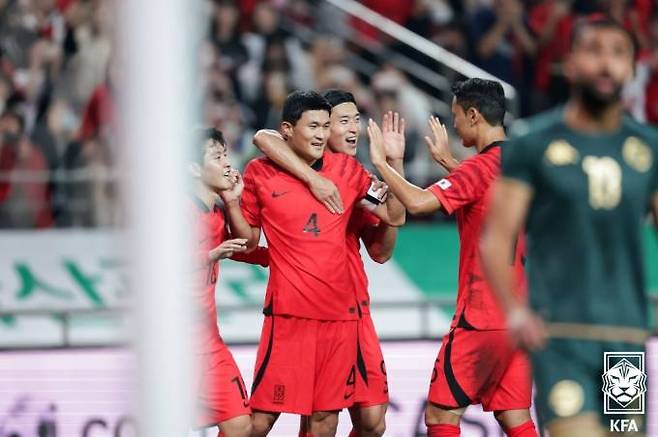 헤더골을 터트린 뒤 기뻐하는 김민재. 대한축구협회(KFA)