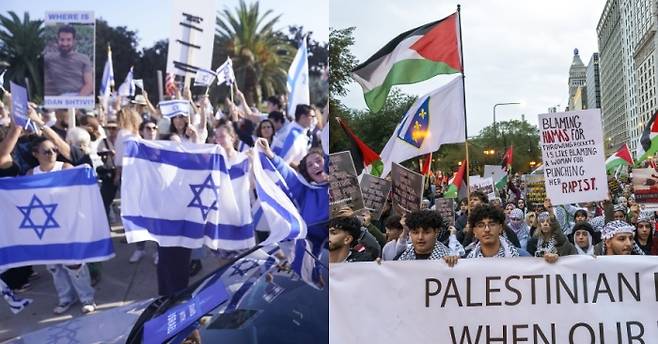 지난 10월 10일(현지시간) 미국 로스앤젤레스에서 열린 이스라엘 지지 시위(왼쪽). 지난 10월 11일(현지시간) 미국 시카고에서 열린 팔레스타인 지지 시위 / AP=연합뉴스