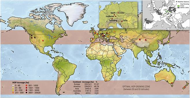 맥주의 주 재료인 홉이 주로 재배되는 지역 [네이처커뮤니케이션즈]