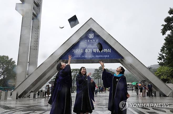 비가 와도 즐거운 졸업식 (서울=연합뉴스) 최재구 기자 = 서울대학교 제77회 후기학위수여식이 열린 29일 대학 정문 앞에서 졸업생들이 학사모를 던지며 사진촬영을 하고 있다.2023.8.29 jjaeck9@yna.co.kr