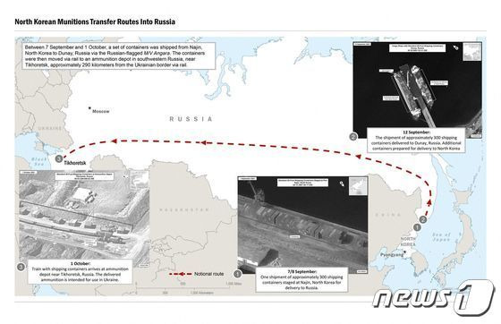 미국 백악관이 공개한 북한제 무기의 러시아 지원 경로. ⓒ AFP=뉴스1