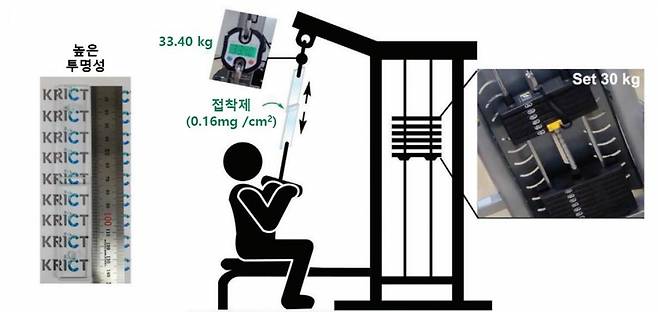 한국화학연구원 연구진이 가로·세로 각 1㎝ 면적에 단 0.16㎎(밀리그램) 접착제를 도포해 무게 33.4㎏를 버틸 수 있는 친환경 소재를 개발했다. / 사진=한국화학연구원