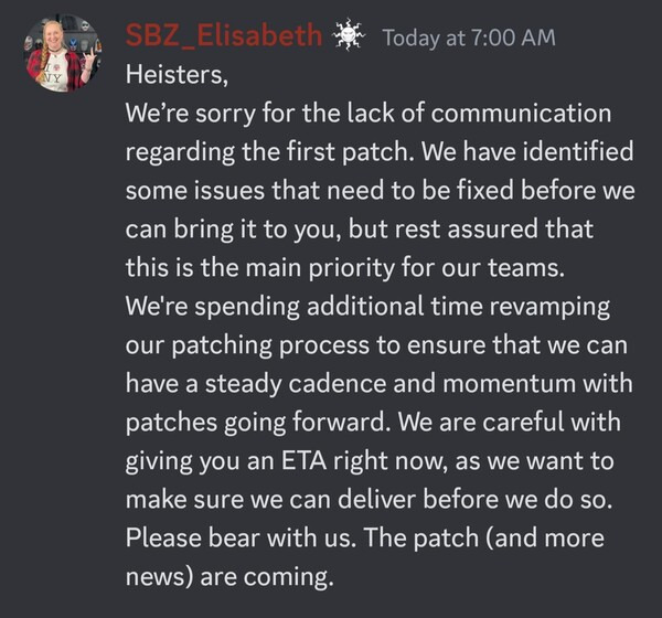 - 공식 디스코드를 통해 업데이트 연기 소식을 전했다