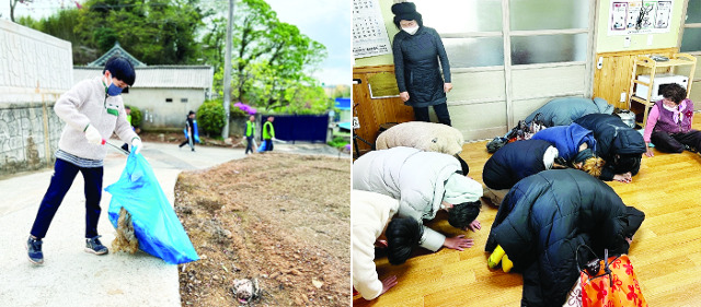 전남 해남군 화산중학교 학생들이 지난 4월 19일 화산면 주민자치회와 함께 마을을 돌아다니며 파란 봉투에 쓰레기를 줍고 있다. 오른쪽은 화산중 학생들이 지난해 12월 새해를 앞두고 마을 어르신들께 큰절을 올리는 모습. 화산중학교 제공