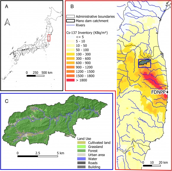 연구 지역 및 후쿠시마 원전 사고 직후 방사능 오염 지역 - (A) 연구 지역 위치(빨간색 사각형). (B) 후쿠시마 원전(FDNPP) 사고 직후 주변 지역 세슘-137 오염도와 주요 하천(파란색 선) 및 연구 지역(파란색 사각형). (C) 후쿠시마 원전 인근 마노댐 상류 지역의 토지 이용 유형.  Rosalie Vandromme et al./PNAS 제공
