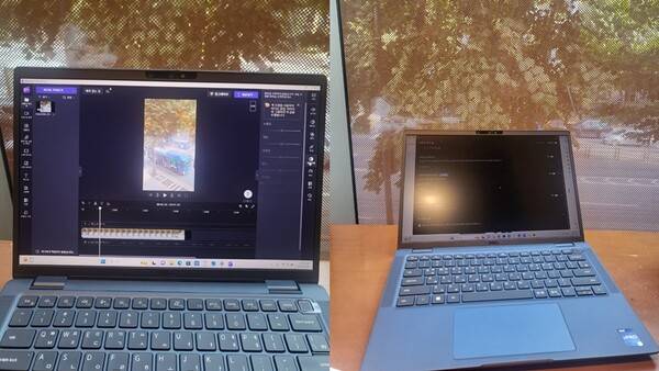 델 '래티튜드 7340'으로 작업 중인 모습(왼쪽)과 '인텔리전트 프라이버시' 모드가 적용돼 화면이 어두워진 모습. (사진=윤아름 기자)