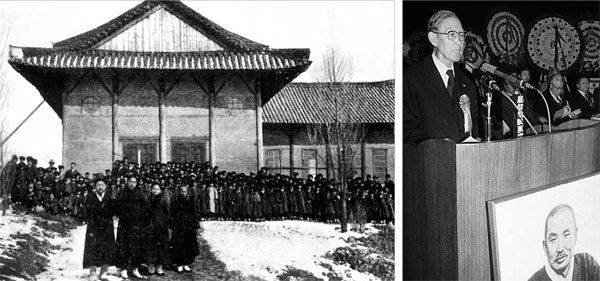 왼쪽 사진은1909년 평양 장대현교회 앞에 선 교인들. 1894년 설립된 장대현교회는 1907년 평양 대부흥운동의 터전이었고 광복 후 반공 투쟁의 선봉에 서는 등 서북 개신교의 중심 역할을 했다. 오른쪽 사진은 1983년 2월‘고당 조만식 선생 탄신 100주년 기념대회’에서 기념사를 하고 있는 한경직 목사. 평북 정주 오산학교를 졸업한 한 목사는 조만식 선생의 뒤를 이어 월남한 서북 개신교인들의 구심점이 됐다./조선일보DB