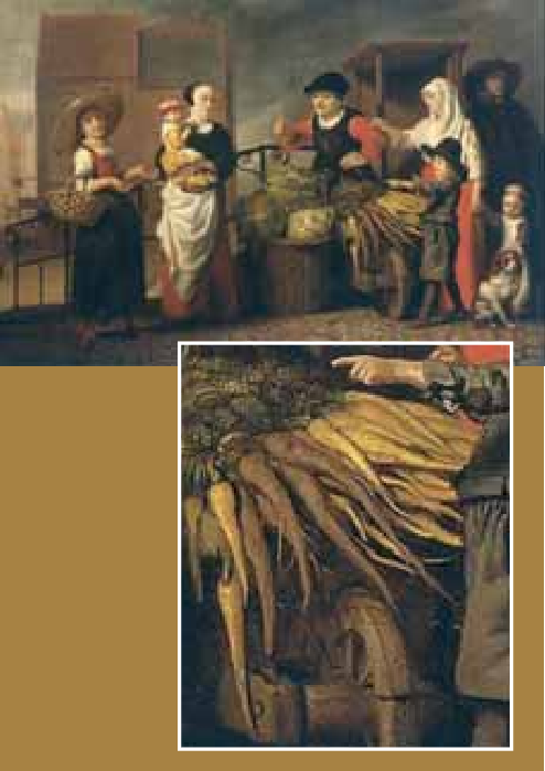 17세기 네덜란드 화가 니콜라스 마스의 유화 작품 ‘채소 가게’(1655-65). 당근이 옅은 노란색과 자주색으로 묘사돼 있다. 원예연대기 제공