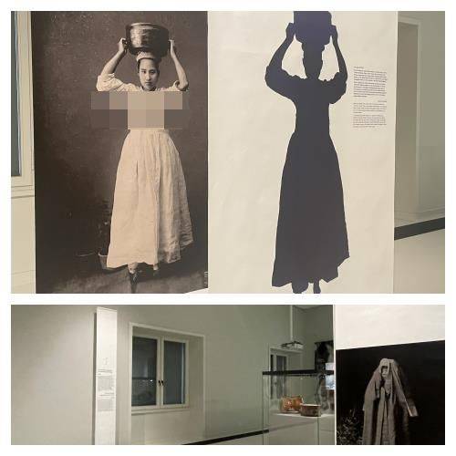 훔볼트 포럼 한국유물특별전에 전시됐던 가슴을 드러낸 조선여인의 사진(위)이 20일(현지시간) 철거된 것으로 확인됐다. 사진이 전시됐던 곳(아래)이 텅 비어있다.[사진=연합뉴스]