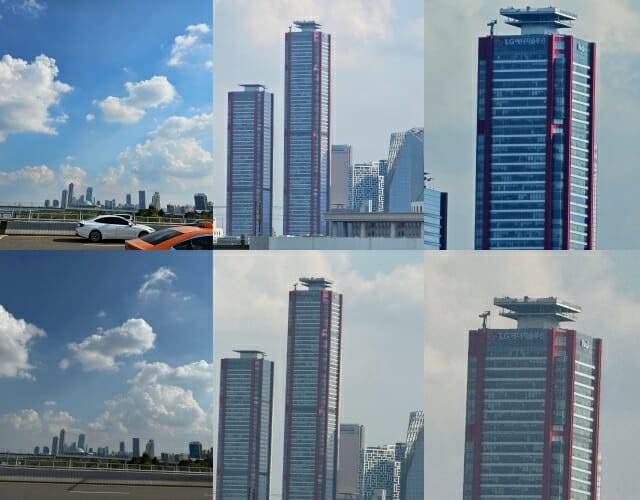 갤럭시S23 울트라(위쪽)와 아이폰15 프로맥스 1배, 10배, 25배 줌 확대 (사진=지디넷코리아)