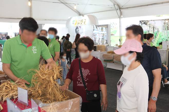 금산 세계인삼축제에 마련된 직거래 장터에서 인삼을 사는 관광객들. /금산 세계인삼축제 홈페이지