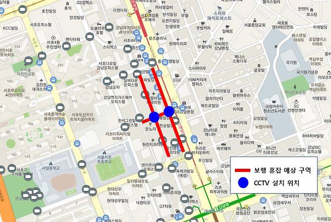 강남역 10번 출구~신논현역 약 300m 구간 2곳에 1초 단위로 ㎡당 인원수를 자동 측정해 실시간으로 7m 높이에 설치된 59인치 전광판에 송출하는 시스템 도입된다.