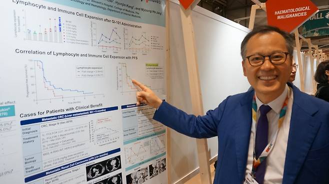 GI-101의 임상을 주도한 조병철 연세암병원 폐암센터장이 ESMO 현장에서 23일(현지시간) 임상 결과에 대해 설명하고 있다. 이우상 기자