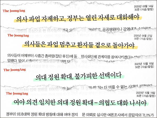 ▲의대 증원 관련 중앙일보 사설. 디자인=안혜나 기자.