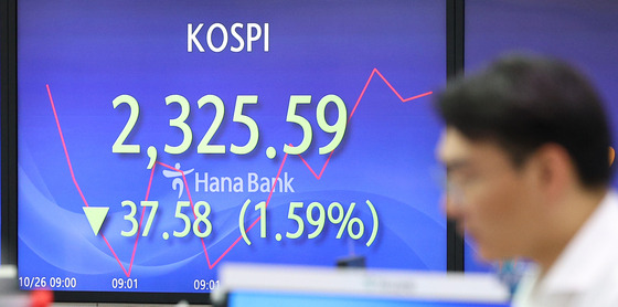 Screens in Hana Bank's trading room in central Seoul show the Kospi down 1.59 percent Thursday morning. [YONHAP]