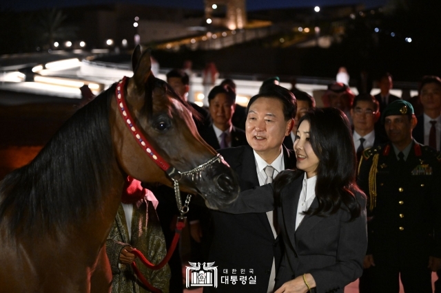 김건희 여사가 21일(현지시간) 리야드 인근에 위치한 사우디 왕국의 기원지라 할 수 있는 디리야 유적지를 윤석열 대통령과 함께 방문해 현지에서 소개한 아라비아 말을 살펴보고 있다. / 사진=대통령실 제공