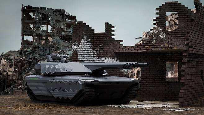 현대로템이 구상중인 차세대 전차가 폐허가 된 건물 앞에 놓여 있는 모습을 묘사한 상상도. 현대로템 제공