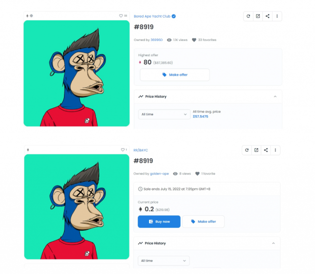 위=유가랩스의 지루한 원숭이 요트 클럽 NFT 작품 아래=립스, 코헨의 NFT 작품