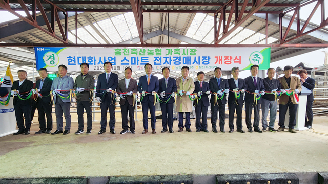 19일 열린 강원 홍천축산농협 스마트 전자경매시장 개장식에 참석한 안병우 농협경제지주 축산경제대표(왼쪽 다섯번째부터), 박영록 홍천군의회 의장, 신영재 홍천군수, 강문길 조합장 등이 기념 테이프를 자르고 있다.