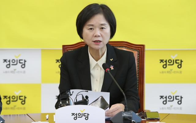 이정미 정의당 대표가 29일 오전 서울 여의도 국회에서 열린 취임 1주년 기자간담회에서 발언하고 있다. 뉴스1