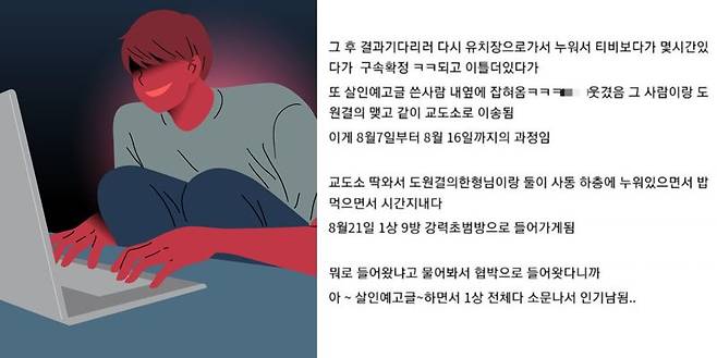 A씨가 온라인 커뮤니티에 올린 교도소 생활 관련 글. 사진=온라인 커뮤니티 캡처, 게티이미지뱅크