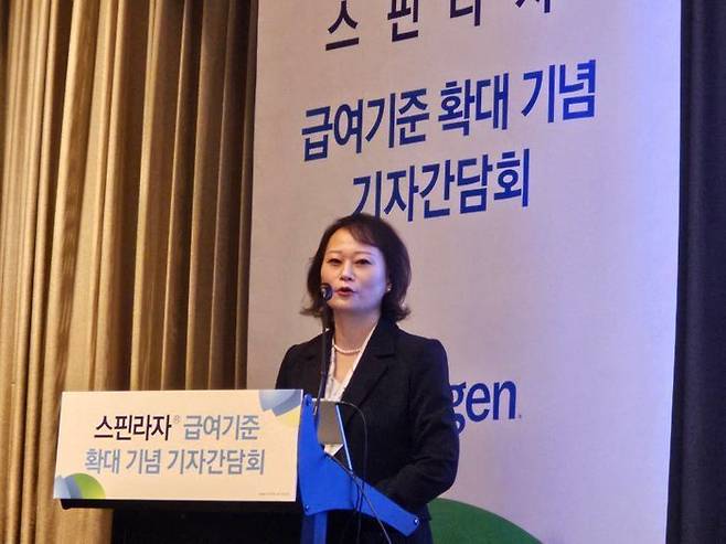 황세은 바이오젠 코리아 대표가 2일 여의도 콘래드 호텔에서 열린 기자간담회에서 인사말을 하고 있다. ⓒ데일리안 김성아 기자