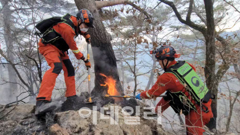 산불진화대원들이 3일 강원 양구에서 발생한 산불을 진화하고 있다. (사진=산림청 제공)