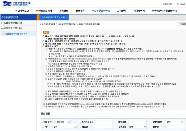 급불안정 의약품 정보공개 화면(제공=건강보험심사평가원)