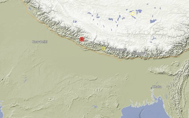 3일(현지시간) 네팔 서부 카르날리주 자자르콧에서 강진이 발생해 최소 69명이 숨졌다. (독일지구과학연구소 갈무리)