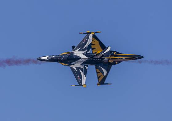 21일 아덱스가 열리는 서울공항 상공에서 블랙이글스 T-50계열 두대가 아슬아슬하게 근접비행하고 있다. 최영재 기자