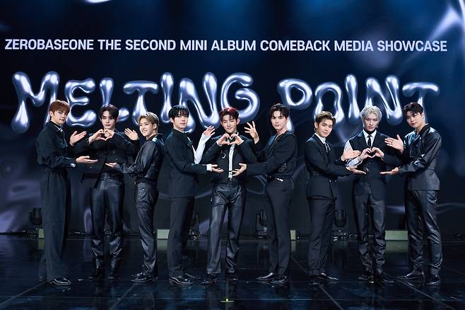 K-pop band Zerobaseone poses for a picture at a press showcase event for its second EP, "Melting Point," in Seoul, Monday. (WakeOne)