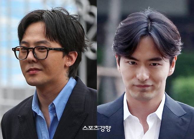 마약 투약 혐의를 받고 경찰에 자진 출석한 지드래곤(왼쪽)과 과거 경찰서에 출석한 이진욱. 경향신문 자료사진