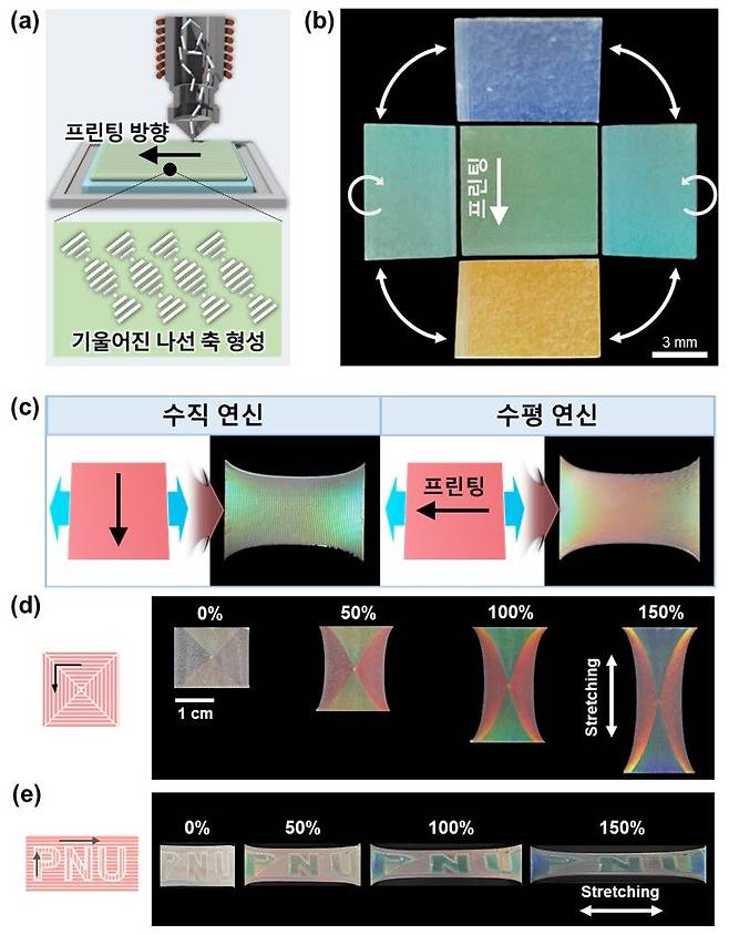 ▲콜레스테릭 액정 탄성체의 직접잉크쓰기 프린팅 공정 개념도와 프린팅된 구조체의 광학적 거동 설명 이미지. 부산대 제공