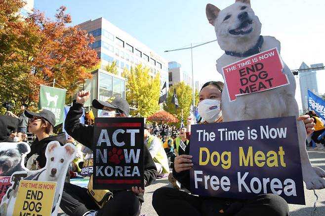 지난달 29일 오후 서울 여의도 국회 앞에서 열린 개식용금지법 제정 촉구 집회에서 참석자들이 개식용 반대 피켓을 들고 구호를 외치고 있다.(사진=뉴스1)