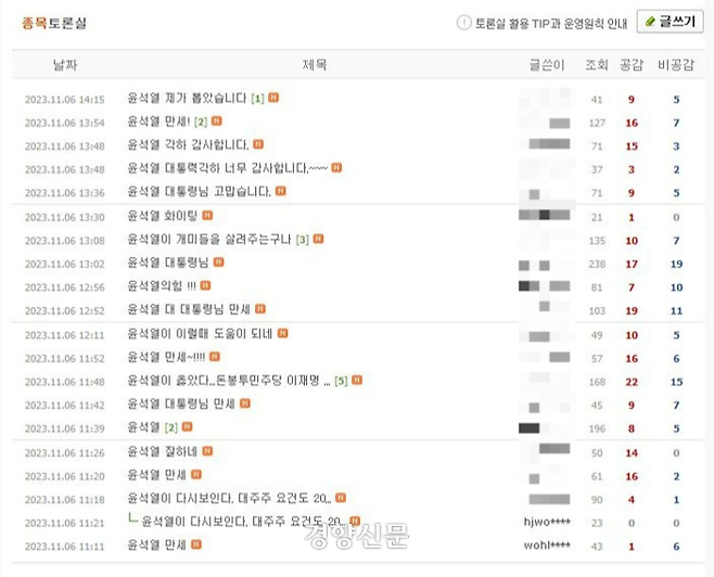 공매도 한시적 금지가 시작된 지난 6일 한 2차전지 주식종목 토론방에서 “윤석열 만세”라며 대통령을 응원하는 글이 연이어 올라오고 있다. 주식종목 토론방 화면 갈무리