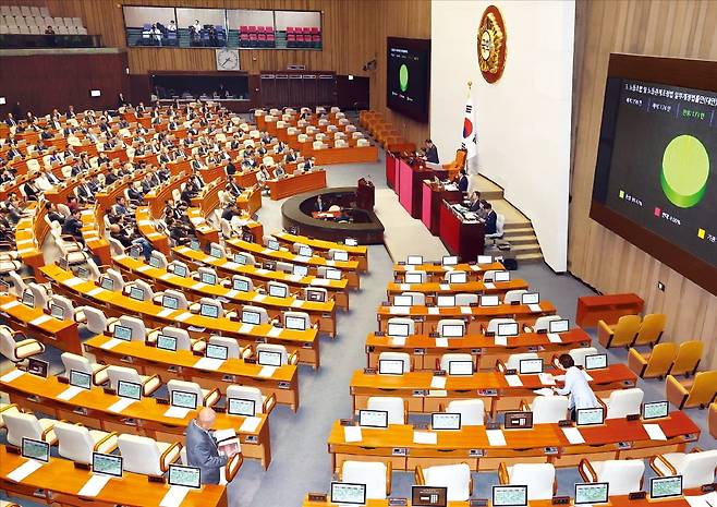 9일 열린 국회 본회의에서 ‘불법파업조장법’과 ‘방송 3법’이 더불어민주당 주도로 강행 처리됐다. 김진표 국회의장이 파업조장법 가결을 선포하는 가운데 일제히 퇴장한 국민의힘 의원들의 좌석이 비어 있다.  /김병언 기자