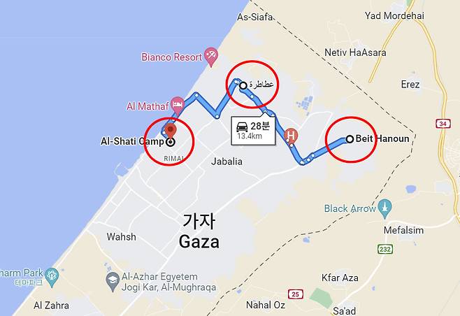 가자지구 북동쪽 끝 도시 ▲베이트 하눈(맨 오른쪽)과 이 도시에서 북서쪽으로 약 7㎞ 떨어진 마을 ▲알아타트라, 그리고 이 마을에서 다시 남서쪽으로 약 5㎞ 떨어진 ▲알샤티 난민캠프의 위치를 나타난 지도. / 사진=구글맵
