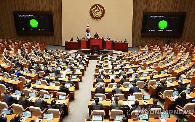 '방송3법' 국회 본회의 통과… 야당 단독 처리 (서울=연합뉴스) 한종찬 기자 = 9일 국회 본회의에서 방송문화진흥회법 일부개정법률안(대안)이 가결되고 있다. 2023.11.9 saba@yna.co.kr